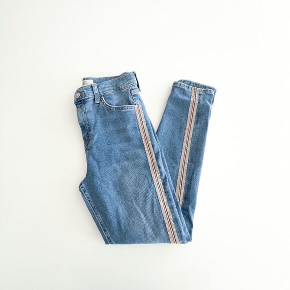 Topshop Womens Denim Jeans Moto Jamie Skinny Side Stripes Blue Wash Size 28 - Picture 2 of 11